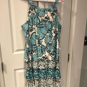 Floral print dress, Sz L. Teal, white, & black.